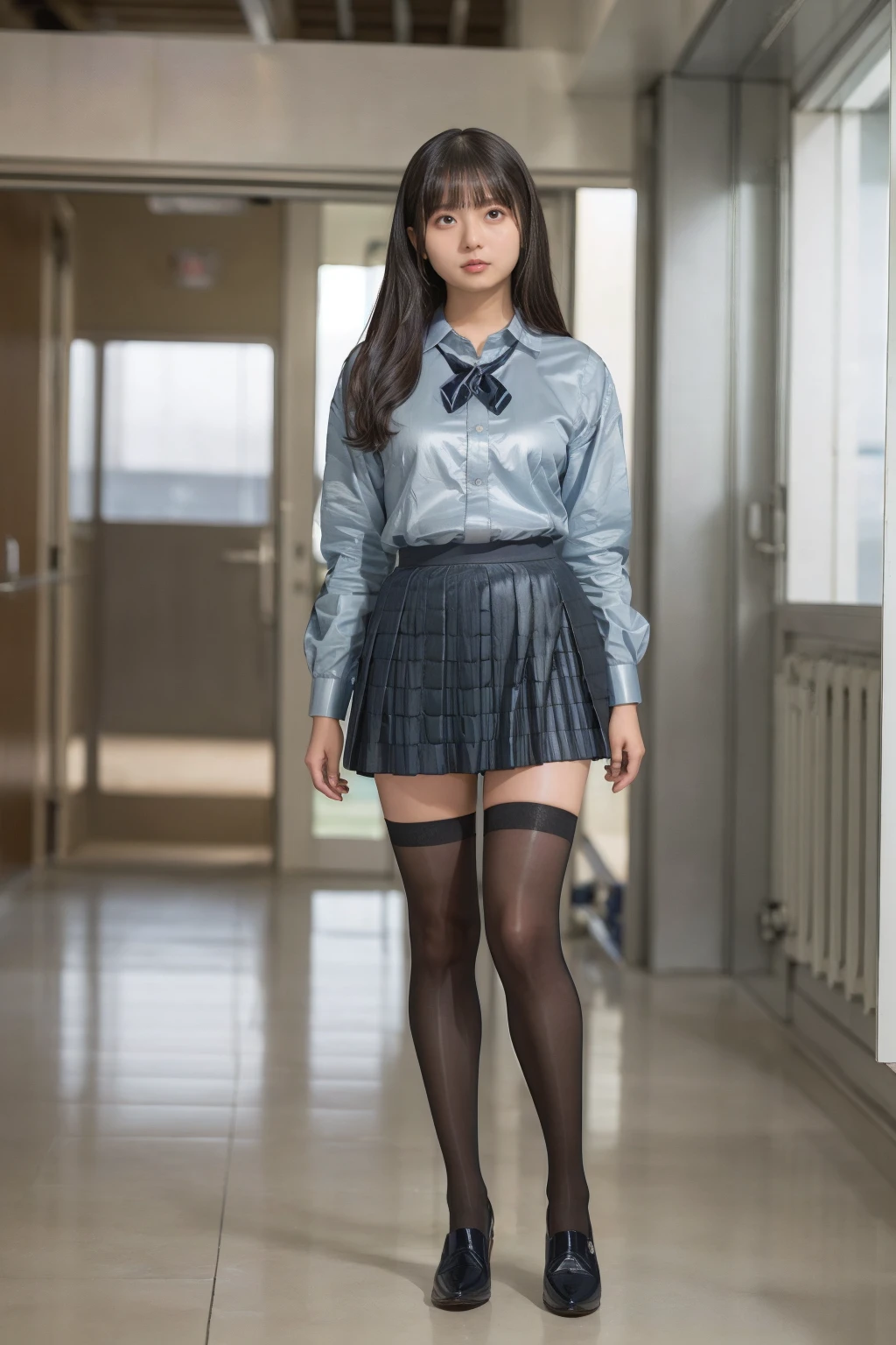 Ultra-high resolution, Realistic, Very detailed, Golden Ratio, Highest quality, (女子高校生3人がこちらを向いてAre standing全身ショット), Japanese high school girls, (promotional photoshoot), (Are standing), (The three of them always wear black stockings.), Three people stand on the floor wearing brown high heels, (Two beautiful high school girls with exemplary figures), Beautiful Face, (Realisticな face), (Blondeのショートカット:1.3), Japanese Blonde, Blonde, short hair, Black Hair Band, Glare, Frowning, Drooling, Long Tongue, Verbal invitation, compensate, Frowning, Frowningをする, Surrealism, First Person View, First Person View, Wide-angle, Ultra-high resolution, Anatomically correct, Super detailed, 16K, (Two beautiful high school girls, Standing side by side), They both wear the same uniform, (She is wearing a navy blue mini uniform..), (Not exposed), Not see-through, (F Cup Big:1.8), Cleavage, (Realisticなシャツとスカートの制服), Narrow waist, (The pleated mini skirt is very short:1.7), (wide thighs and long legs:1.6), (Seamless black stockings:1.5),(wide thighs), (Very long legs), ((Thighs in shiny black stockings)), (The black stockings have no pattern.), (Wearing brown high heel loafers), Accurate high heels, 