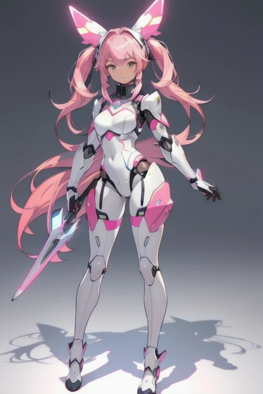 (Special quality:1.2), (Very detailed:1.2), (Very detailed face:1.2), (Very detailed eyes:1.2), (Very detailed body:1.2), (Very detailed weapons:1.2), cute innocent face,delicate face,detailed face, Japanese, the face of a very cute 16 year old girl, human torso, big man , human abdominal cavity, robot hips, Hips wearing robot armor, Robot Arm, My legs are tricky., แขนขามีเปลือกแข็งสีขาวมันวาวและมีpink joint, Very beautiful and feminine, long hair pink hair, straight hair, , small breasts, Thin, show of division, Showing a white shiny armored abdomen., cyber cat ears, pink robot joints, pink joint, Very stylish., Award-winning product design, White rubber tights, A shiny white metal breastplate opened to a glowing cleavage., white metal bottom, And the armor looks stylish., Illuminated trims, full body, Fly at a medium speed, wide angle, see feet