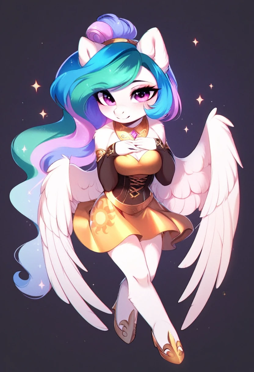 check_9, check_8_up, check_7_up, source_fluffy, rating_safe, from Magnaluna, Celestia poses seductively in a white bedroom, hair bun with bangs, pink eyes, white body, anthro, blushing, wearing white and gold tight skirt, full body