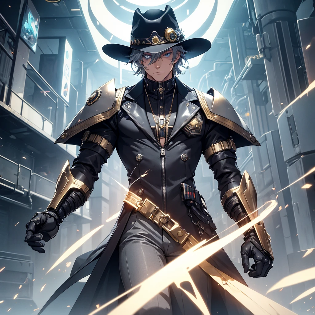 make a futuristic male character who has a cowboy hat, mechanical right arm, gold eyes, must be in a futuristic canary, and dark gray hair. he must be strong and have an overcoat