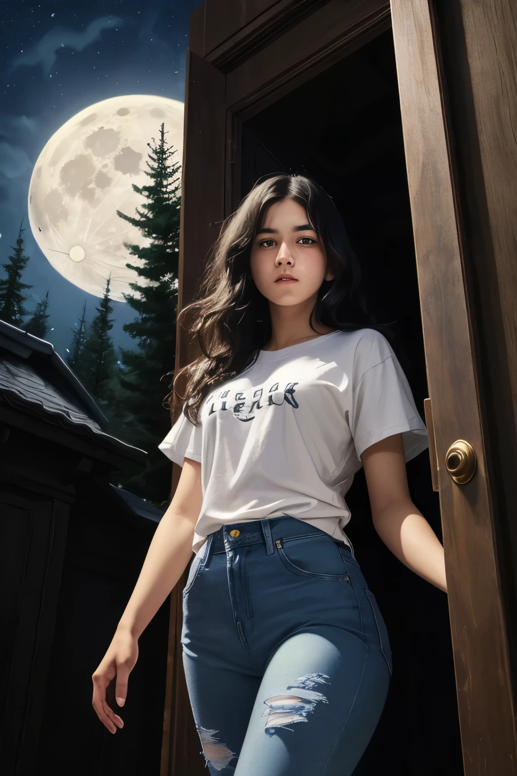 ((best quality)), ((masterpiece)), (detailed), A digital illustration of a long black haired teenage girl entering a opened door inside a dark mansion, with a full moon in the background and ominous trees surrounding the house. The girl is wearing a plain white t-shirt and blue jeans, with a look of fear on her face.