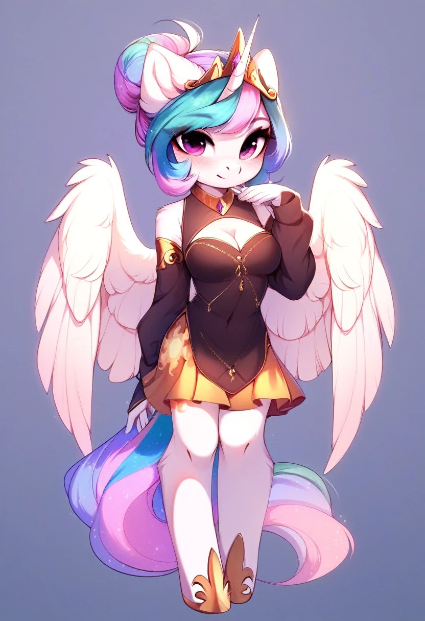 check_9, check_8_up, check_7_up, source_fluffy, rating_safe, from Magnaluna, Celestia poses seductively in a white bedroom, hair bun with bangs, pink eyes, white body, anthro, blushing, wearing white and gold tight skirt, full body