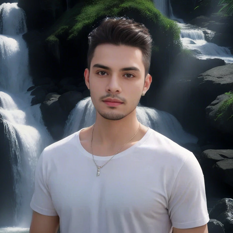 Aarav stands wearing a necklace in front of a waterfall., high quality vertical, Headshot profile picture, Charming and good looking, There is a waterfall., รูปProfile pictureรูปภาพแนวตั้ง, waterfall in the background, beautiful young man, There is a waterfall., Handsome and charming, Profile picture, handsome man, Aykut Aydodu, cute young man, Waterfall backdrop