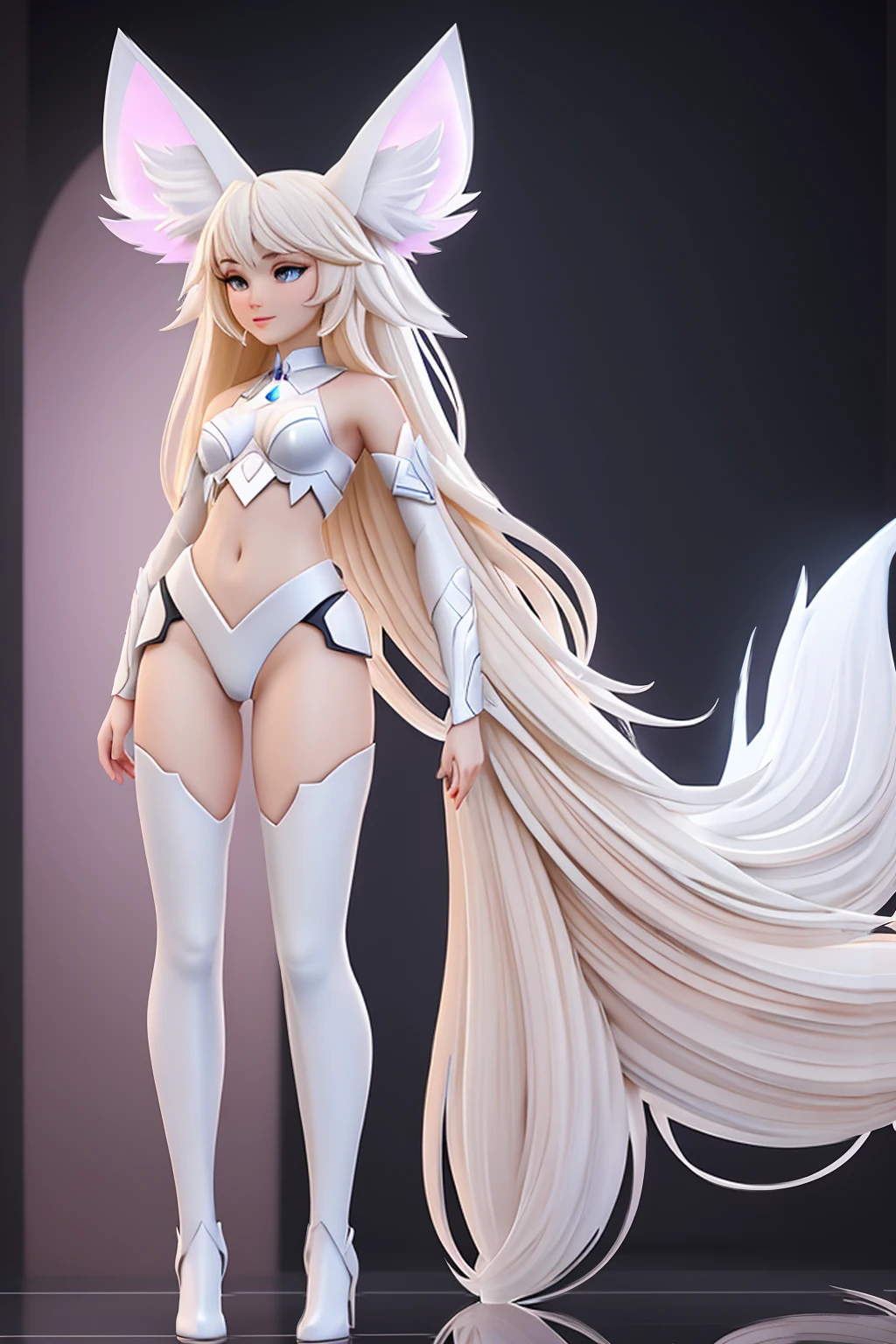 ((Full body photo, standing, on the floor)) close up 1girl in, teenager, Solo, Aesthetic artwork, blond, straight blonde hair, super long blonde hair, light blue eyes, some small freckles, pale skin, small breasts, cleavage, runners body, (thin hips, thin waist: 1.25), detailed skin, neutral face, shy smile, wearing pink black futuristic bikini armor, light blooms, (white fox ear, white fox tail:1.25), (full body: 1.1), side view, very detailed city roof background, rooftop, overlooking midnightcity, 24mm, 4k textures, soft cinematic light, RAW intricate, elegant, highly detailed, sharp focus, ((((cinematic look)))), soothing tones, insane details, intricate details, hyperdetailed, low contrast, soft cinematic light, dim colors, exposure blend, hdr, faded