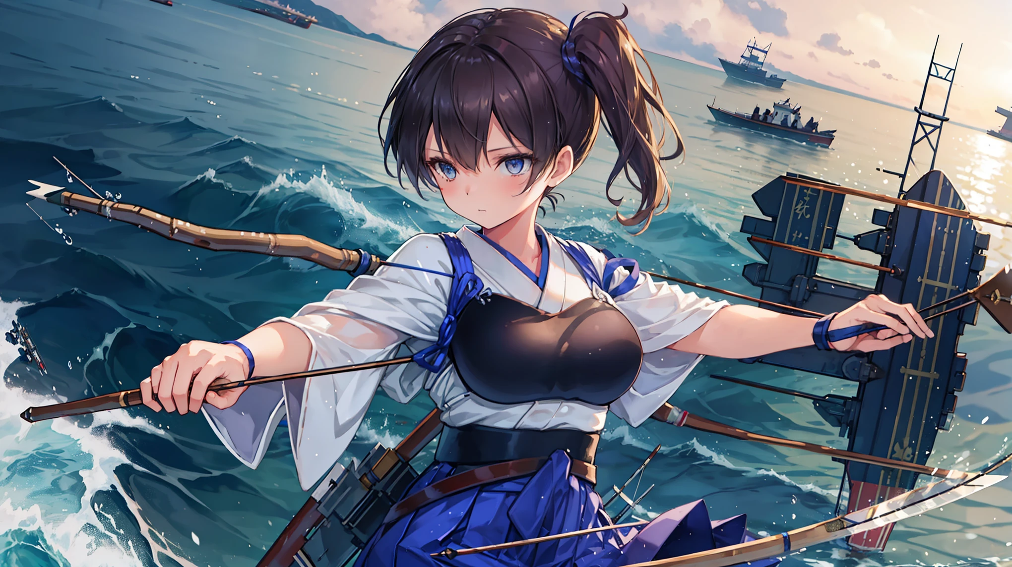 Kaga(Fleet Collection),highest quality, masterpiece, High resolution,kimono,blue skirt,side ponytail,big_breasts,solo,Japanese_bow&arrow,dynamic_posing,half_eyes,solo,plump, sea_landscape