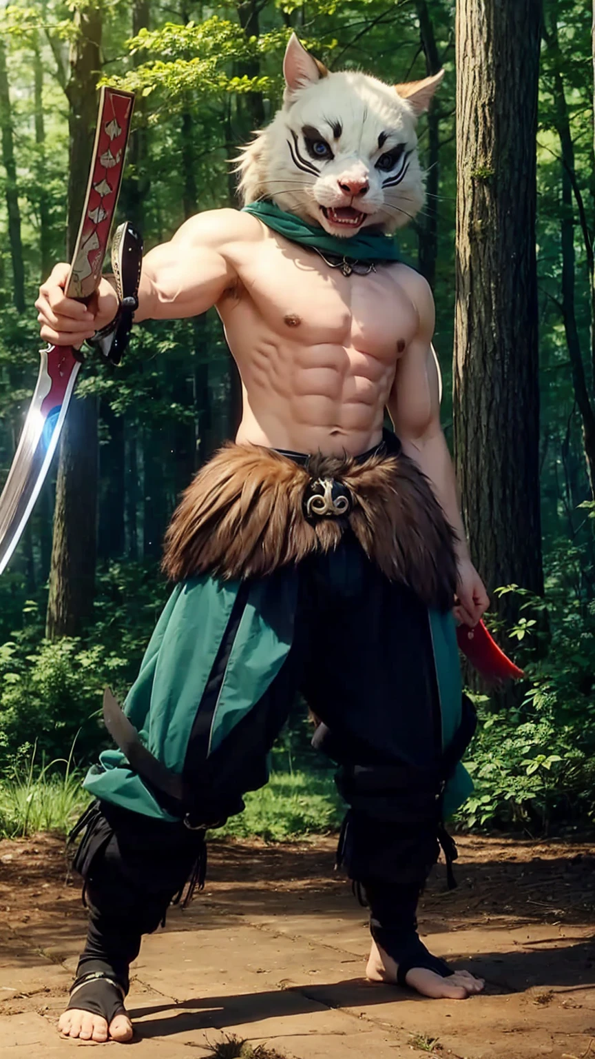 Inosuke hashibira from demon slayer, muscular body, standing in a starry night grassy field, detailed face and expression, perfect, bright, soft colors