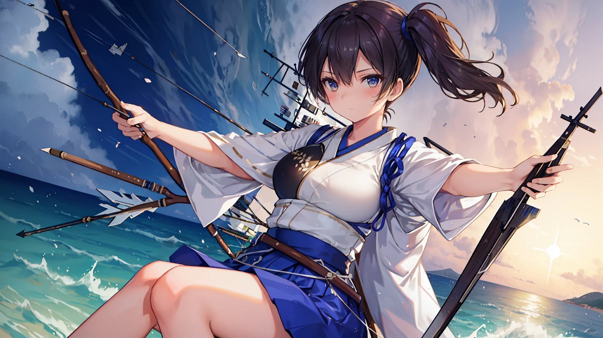 Kaga(Fleet Collection),highest quality, masterpiece, High resolution,kimono,blue skirt,side ponytail,big_breasts,solo,Japanese_bow&arrow,dynamic_posing,half_eyes,solo,plump, sea_landscape
