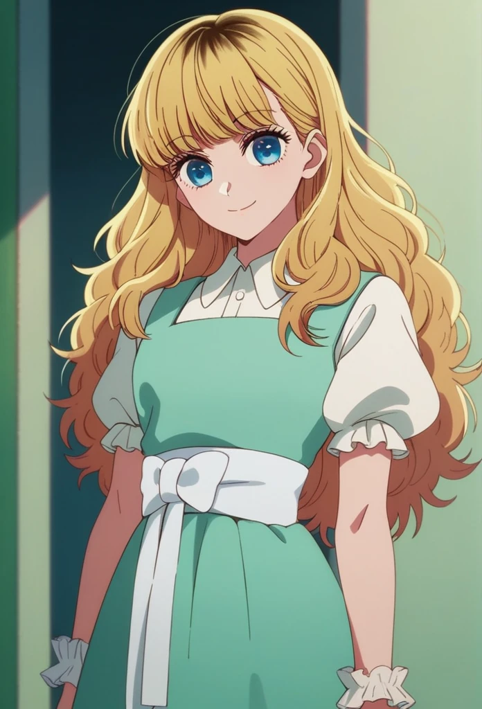 oshi_no_ko_style,blonde curls,sidecurls,fluffy fringe bangs,blue eyes,long eyelashes,cowboyshot,standing,,soft smile,long hair,masterpiece,highres,absurdres,white puffy short sleeves,collared dress,suspender dress,solo,frilled cuffs,,,(light blue pinafore dress),frilled wristgloves,frilled sweatheart neckline,white sash around the waist,peter pan collar,