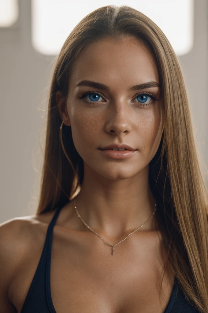 Aidra Fox's face, American Sweetheart blonde girl of 19 years old, perfect face with freckles, long hair with a ponytail, blue eyes, a necklace, luz cenital dramática, black background, Caravaggio style light, photo studio, hyperrealistic, realistic girl, cute girl with sexy fit body, ultra detailed, intricate, ultra realistic, toned body. Sus pechos son medianos y hermosos, She is in a dark room, wearing only an Argentina sport top, strong abs, piercing en el ombligo, half naked, full body, en semiperfil, de pie, standing on feet, without underwear, vello púbico, hirsute hair in her beautiful vagina, hair in her genital area