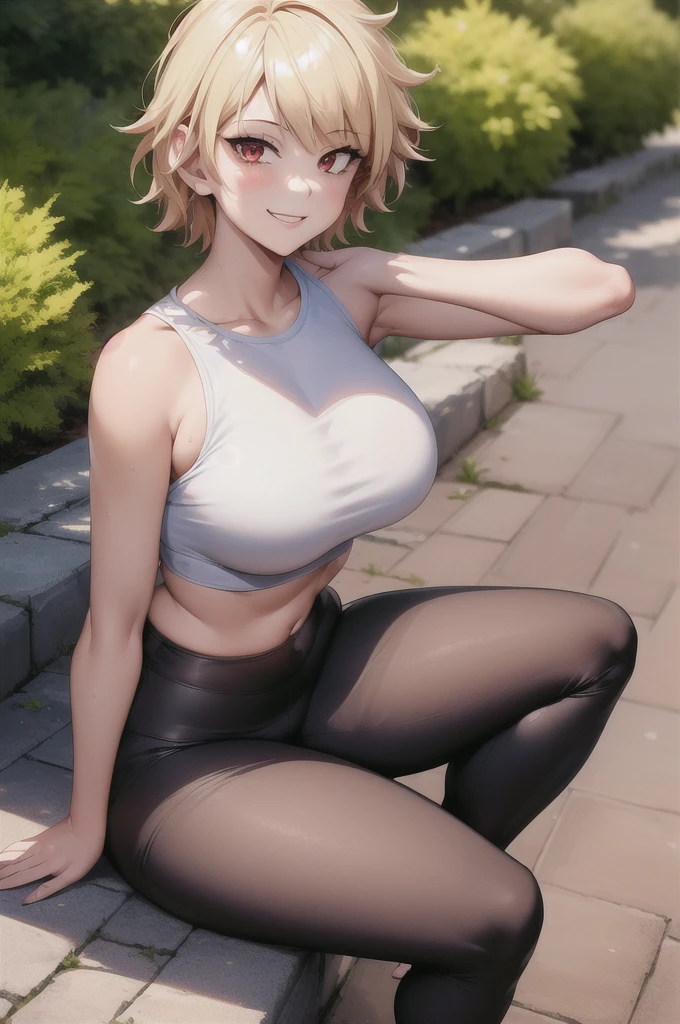 (best quality:1.2), 1girl, (masterpiece:1.2), raytracing, cute face, perfect face, ultra detailed,detailed face, 8k wallpaper,(wide hips:1.2), absurd res, BakugouMitsuki_NDV, 1girl, red eyes, blonde hair, large breasts, short hair, mature female, spiked hair, outdoor, smile, sitting, yoga pants, crop top