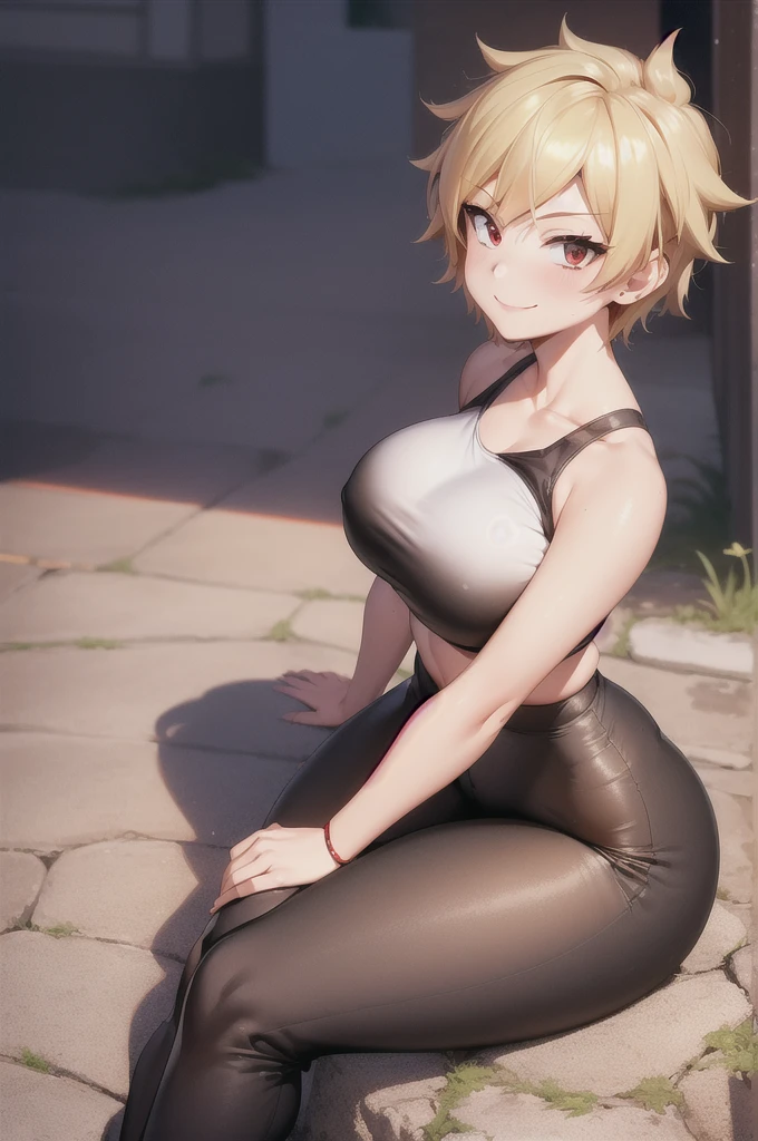 (best quality:1.2), 1girl, (masterpiece:1.2), raytracing, cute face, perfect face, ultra detailed,detailed face, 8k wallpaper,(wide hips:1.2), absurd res, BakugouMitsuki_NDV, 1girl, red eyes, blonde hair, large breasts, short hair, mature female, spiked hair, outdoor, smile, sitting, yoga pants, crop top