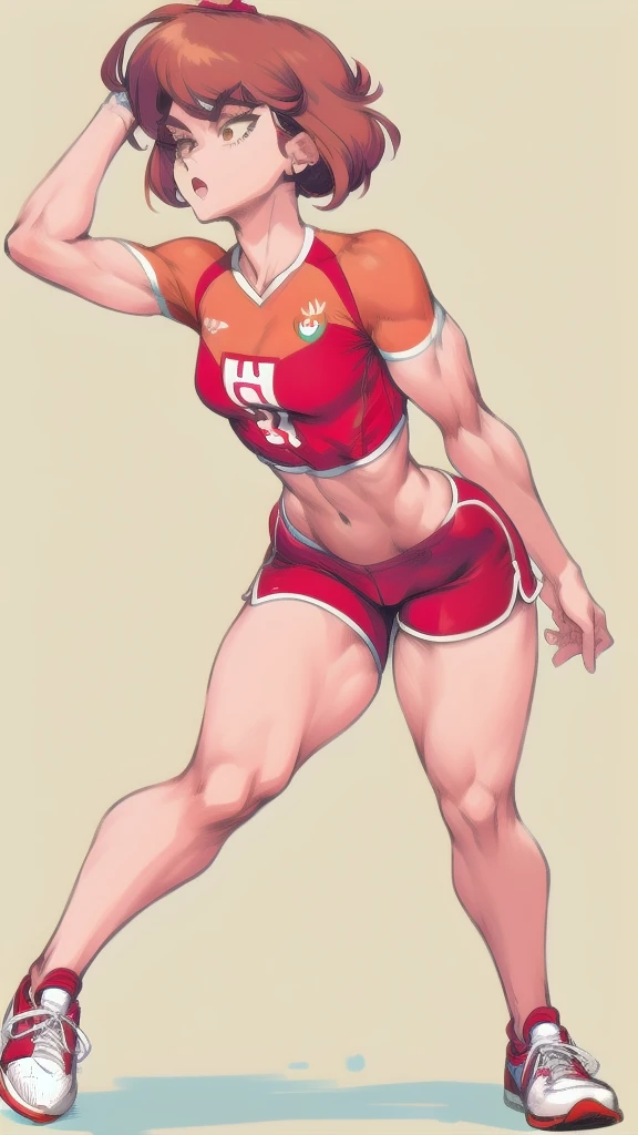Full body image of Lynn Loud from The Loud House, full body in image, wearing her original outfit (red jersey, red shorts, red and white sneakers), short brown hair, female body, athletic and fit body, dynamic pose, detailed pose, simple background, expressive face showing determination, focus on face, line art, sketch