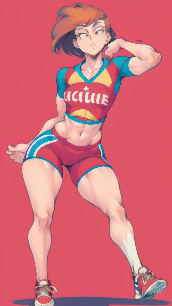 Full body image of Lynn Loud from The Loud House, full body in image, wearing her original outfit (red jersey, red shorts, red and white sneakers), short brown hair, female body, athletic and fit body, dynamic pose, detailed pose, simple background, expressive face showing determination, focus on face, line art, sketch
