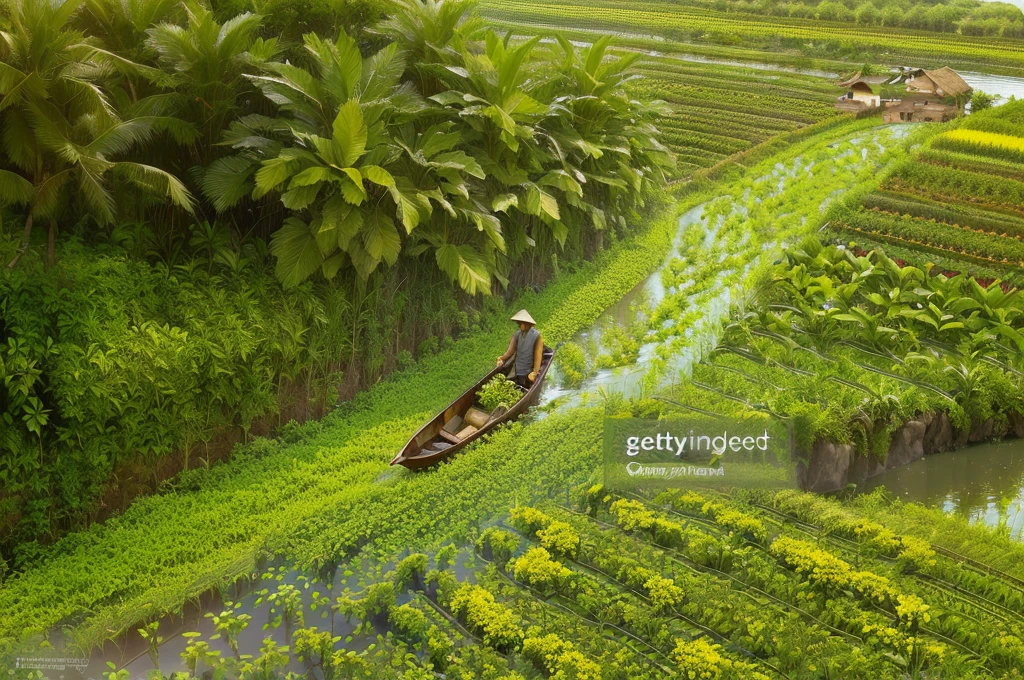 arafed man in a boat in a field of green plants, farming, rows of lush crops, villagers busy farming, alamy stock photo, malaysia with a paddy field, idyllic and fruitful land, vietnam, manicured garden of eden, proshot, official photos, terraced orchards and ponds