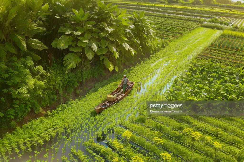 arafed man in a boat in a field of green plants, farming, rows of lush crops, villagers busy farming, alamy stock photo, malaysia with a paddy field, idyllic and fruitful land, vietnam, manicured garden of eden, proshot, official photos, terraced orchards and ponds