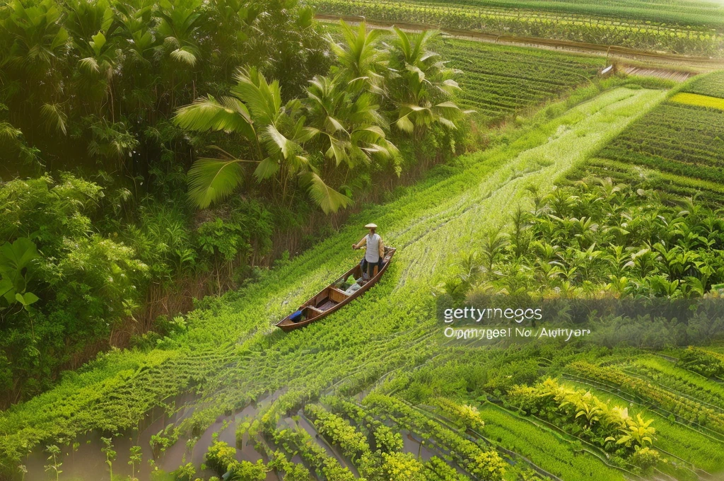 arafed man in a boat in a field of green plants, farming, rows of lush crops, villagers busy farming, alamy stock photo, malaysia with a paddy field, idyllic and fruitful land, vietnam, manicured garden of eden, proshot, official photos, terraced orchards and ponds