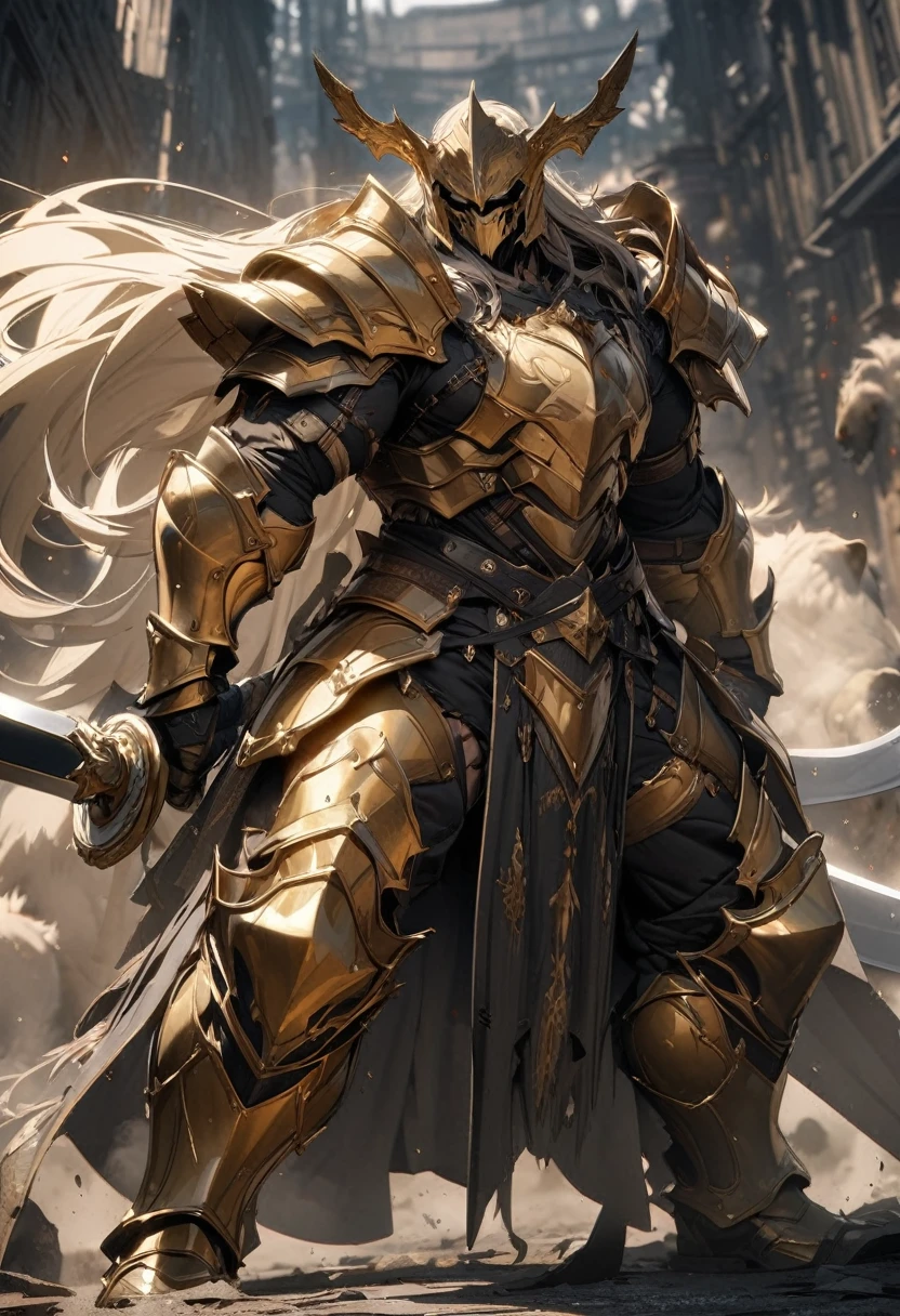 masterpiece, 8k, best quality, highly detailed, a large male warrior in golden gladiator armor that is lion themed wielding two massive CURVED swords made of pitch black steel