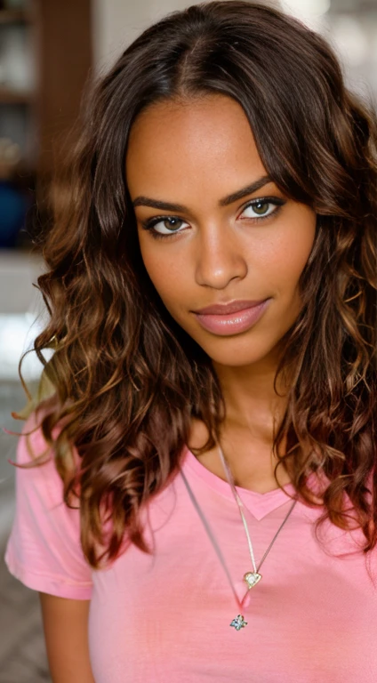 Beautiful african american wearing pink t-shirt (in a home), highly detailed, 18 years old, big , innocent face, natural wavy hair, blue eyes, high resolution, Masterpiece, Best quality, Intricate high detail, Highly detailed, Sharp focus, Detailed skin, realistic skin texture, texture, detailed eyes, professional, 4k, charming smile, shot on Canon, 85mm, shallow depth of field, Kodak Vision Color, Perfect Fit Body , extremely detailed, photography_\(ultra\), Photorealistic, Realistic, Post-processing, maximum details, roughness, real life, ultra realistic, Photorealism, photography, 8k UHD, photography, sexy