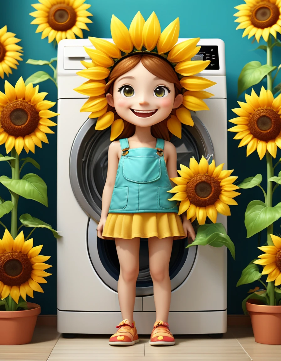 （design of character），Cute sunflower washing clothes with enthusiasm and joy while standing in front of a washing machine, anthropomorphic sunflower，wear a sun hat, Mattresses are chickens, smiling, big shiny eyes, Fantastic，Eccentric，similar to a fairy tale, super detailing, pixel style, vibrant with colors, soft natural light, solid color backdrop, 5-octane rendering, a gorgeous, Ultra Wide Angle, 8k, high realism, 8k