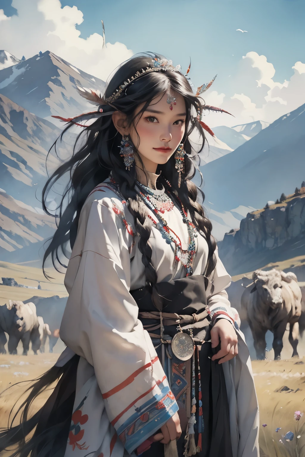 Dressed in national costumes、Aravud woman with headdress and feathers, A detailed painting by Yang Jianjun, Popular on artstation, Fantasy Art, artwork in the style of Gu Weiss, Gu Weiss, Beautiful young wind elf, Beautiful character painting, Gu Weiss on artstation pixiv, 8k high quality detailed art, Gu Weiss on pixiv artstation