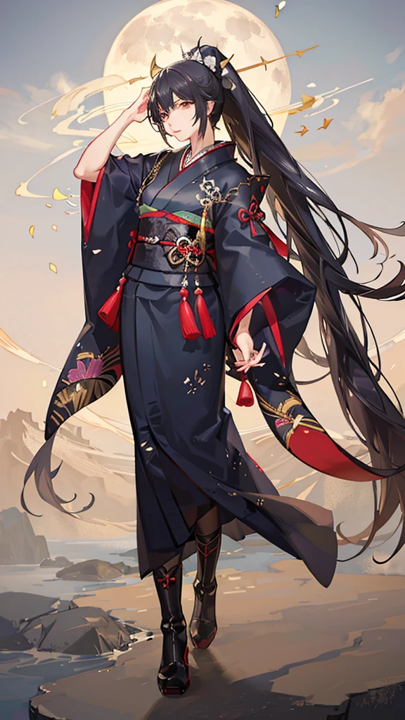 A beautiful girl in a traditional Japanese style, black collar, feathered moon-patterned haori, and military-style boots, black hair((long and high ponytail:1.3)), golden eyes, (best quality,4k,8k,highres,masterpiece:1.2),ultra-detailed,(realistic,photorealistic,photo-realistic:1.37),extremely detailed eyes and face,longeyelashes,solo female,traditional japanese clothing,kimono,haori,military boots,moon pattern,night sky,moody lighting,dramatic shadows,vibrant colors,digital art,fantasy,cinematic