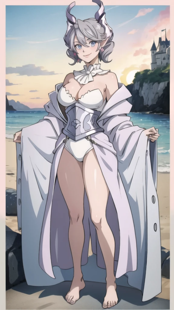Beautiful arts wallpaper Sunset Outside castle top High level image quality best image quality 8K adult woman silver castle outside more colors whole body view portrait wearing pure pink horn ears short hair((shortcut)(gray hair)(perm)(fluffy)) eye color is blue , , attractive evil face , smile , beach , labrynth ,wearing robe , holding her breast, , standing , waves sexy barefoot ,, fixed tose sexy pose