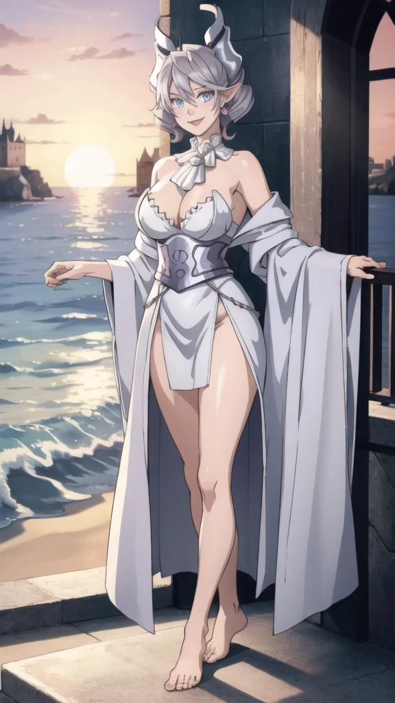 Beautiful arts wallpaper Sunset Outside castle top  High level image quality　best image quality　8K　 adult woman   silver castle outside  more colors   whole body view　portrait　 wearing pure pink   　horn    ears  　short hair（（shortcut）（gray hair）（perm）（fluffy））　eye color is blue ,  , 　attractive evil face , smile   ,  beach   ,  labrynth ,wearing  robe     , holding  her breast,   , standing  , waves sexy barefoot ,, fixed tose  sexy pose