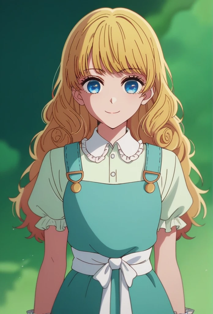 oshi_no_ko_style,blonde curls,sidecurls,fluffy fringe bangs,blue eyes,long eyelashes,cowboyshot,standing,,soft smile,long hair,masterpiece,highres,absurdres,white puffy short sleeves,collared dress,suspender dress,solo,frilled cuffs,,teen,(light blue pinafore dress),frilled wristgloves,frilled sweatheart neckline,white sash around the waist,peter pan collar,