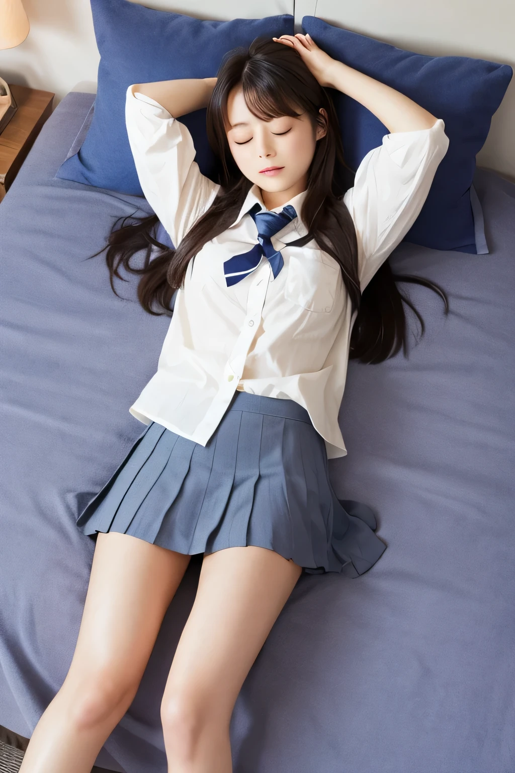 (masterpiece:1.2), super high quality, japanese girl, (super realistic), (super photographic style), 1girl, ((full body)), at noon, fine day, straight hair, (18 years old), (((legs))), large tits, (cute face), (((school uniform))), lying on her back on a bed, head on the pillows, view from sky above, ((closed eyes)), ((legs spread)), both hands on her head,