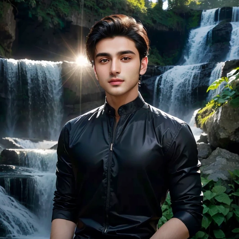 Aarav stands wearing a necklace in front of a waterfall., high quality vertical, Headshot profile picture, Charming and good looking, There is a waterfall., รูปProfile pictureรูปภาพแนวตั้ง, waterfall in the background, beautiful young man, There is a waterfall., Handsome and charming, Profile picture, handsome man, Aykut Aydodu, cute young man, Waterfall backdrop