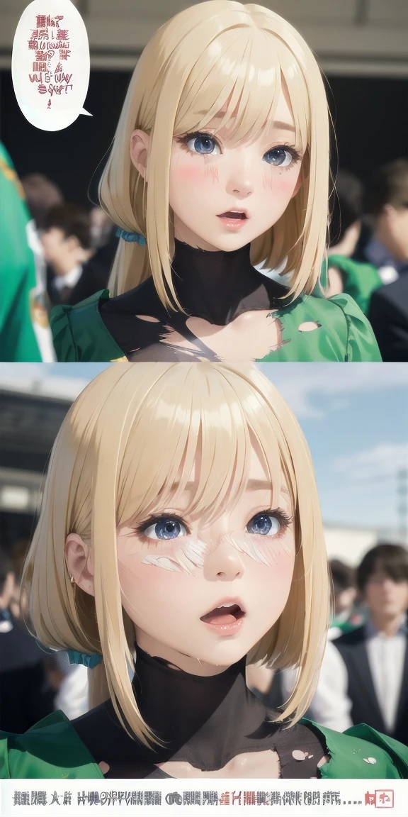 Realistic, Wide-angle,One Girl, blonde、Shortcuts、shy, Embarrassing, ((blush)), (Completely torn costume:1.5), (torture chamber)、In the crowd、Humiliated, (regrettable)、Embarrassing,( surprised:1.3), Man and woman having sex、A man is holding a woman's waist、Wide-angle, throw, From below, high school girl、2. Please raise your hand,Handcuffs on both hands、Raise your arms above your head、 Hands tied to the wall, Leaning against a wall, 、Pleated mini skirt、(Torn clothes)、Big Breasts, Light, Shine, (masterpiece), wallpaper