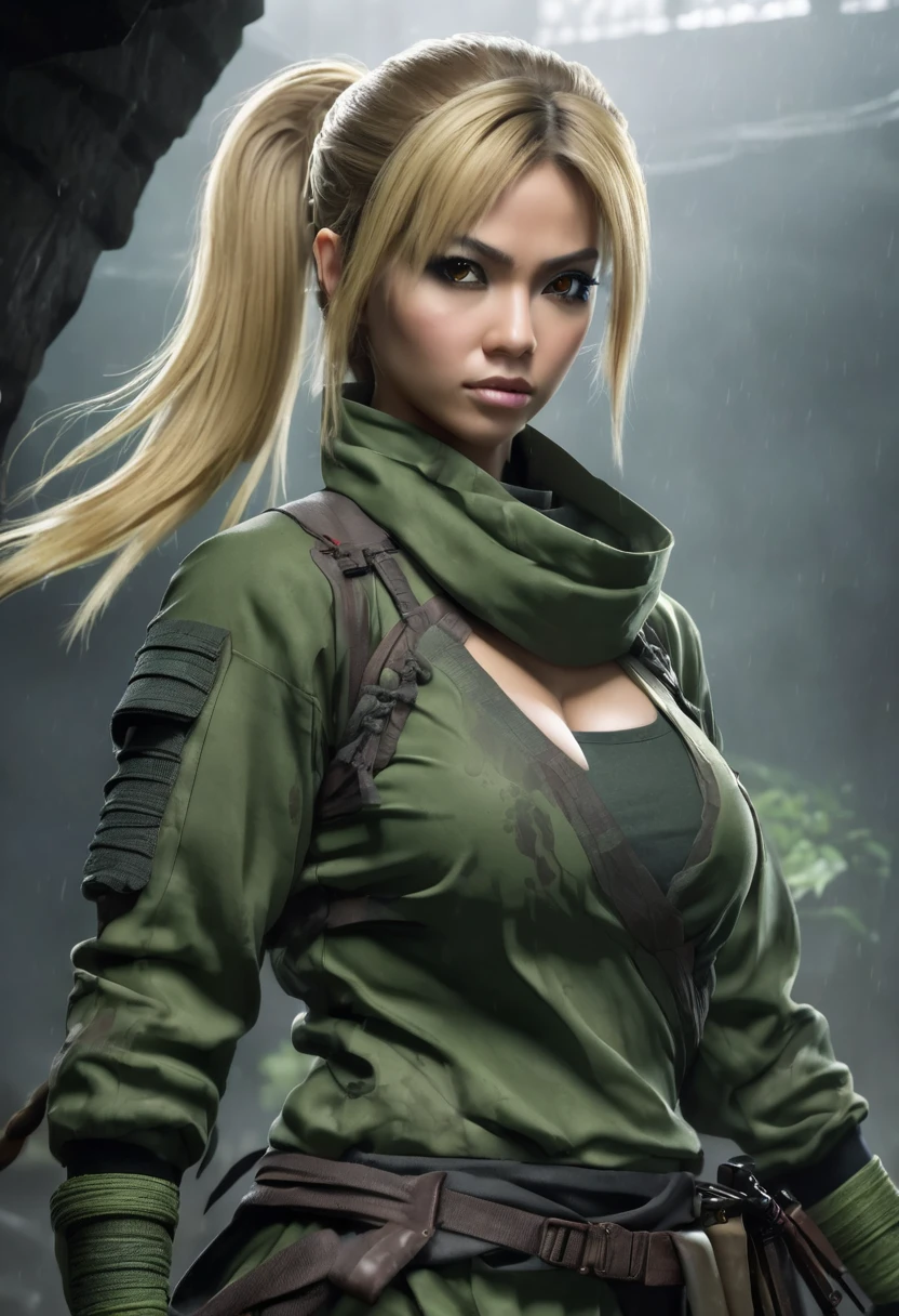 1 woman, inside a manual weapons room, wearing moss green ninja clothing, detailed facial features, feminine brown eyes, detailed light skin, blonde hair in two long ponytails, large breasts, image showing full body, dramatic lighting, cinematic composition, cold palette, dark colors, atmospheric fog, strong body, thin chin, adult woman, 35 years old (best quality, 4K, 8K, high resolution, art: 1.2), ultra-detailed, (realistic, photorealistic, photorealistic: 1, 37)