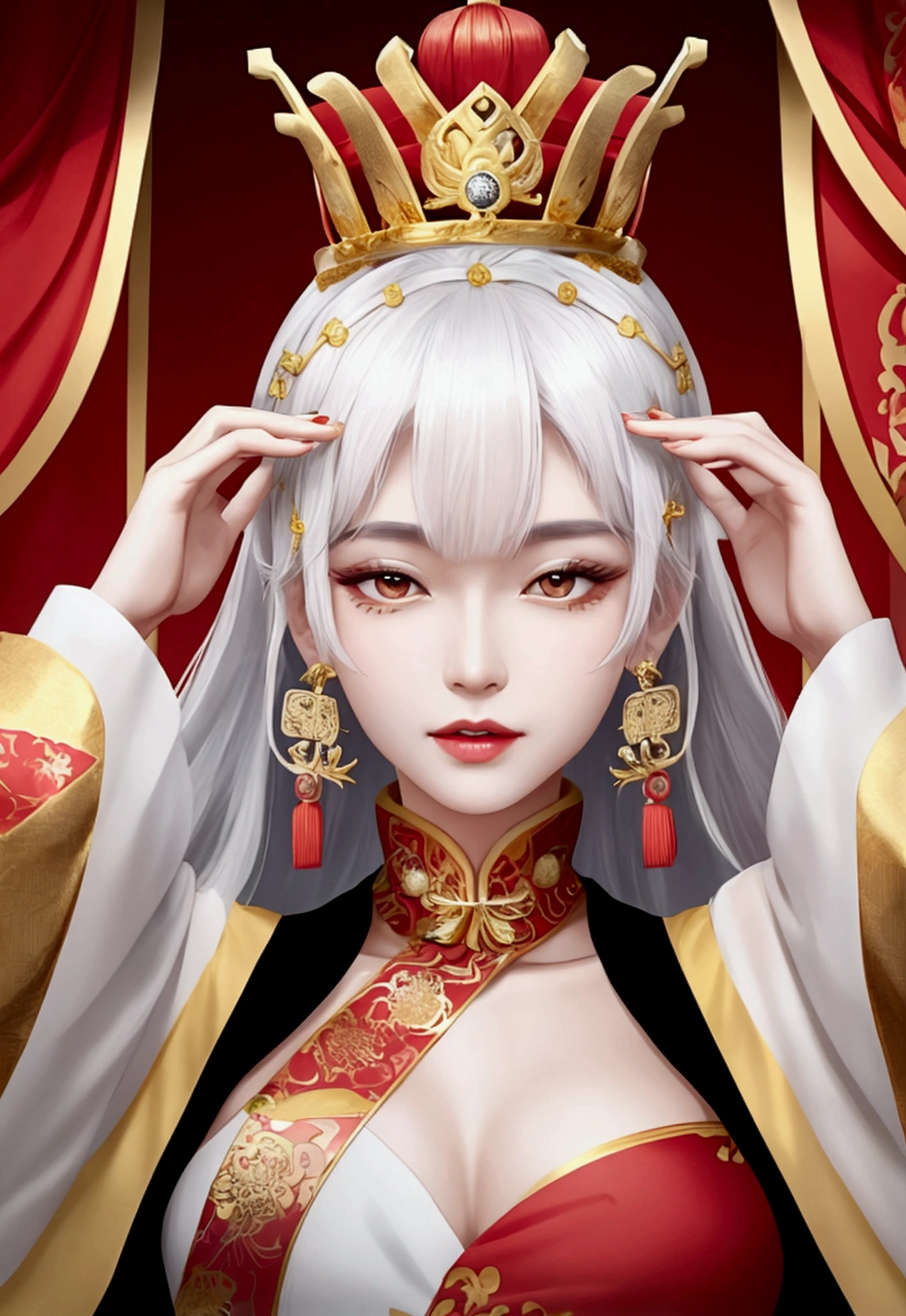 queen of china,wear gold dress,Gold Jewelry,wearing a Chinese emperor hat,The color is .,Age 65your hair,no bangs,white hair
