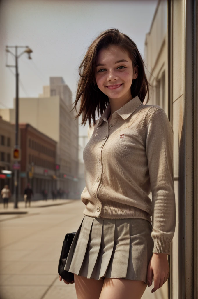 A swedish, American, german, young woman, 20yo, downtown, in large metropolis, collared shirt, sweater, pleated skirt, chuck taylor shoes, smirk ((heavy gaussian blur)), ((soft lighting)), (((extremely hazy:1.2))),, (extremely bright), (dreamy atmosphere), bright vivid colors,