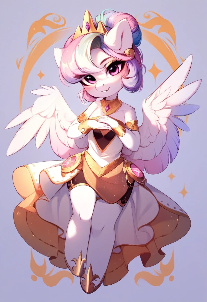 check_9, check_8_up, check_7_up, source_fluffy, rating_safe, from Magnaluna, Celestia poses seductively in a white bedroom, hair bun with bangs, pink eyes, white body, anthro, blushing, wearing white and gold tight skirt, full body