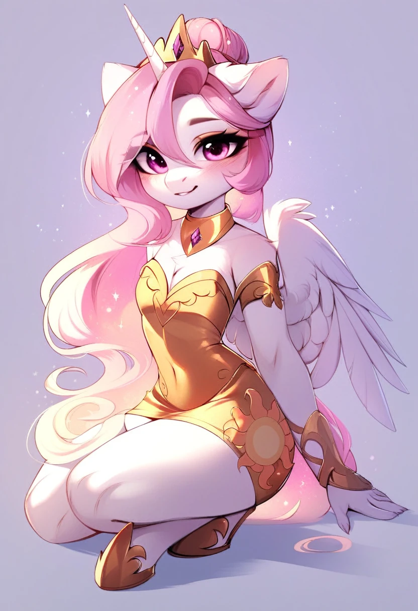 check_9, check_8_up, check_7_up, source_fluffy, rating_safe, from Magnaluna, Celestia poses seductively in a white bedroom, hair bun with bangs, pink eyes, white body, anthro, blushing, wearing white and gold tight skirt, full body