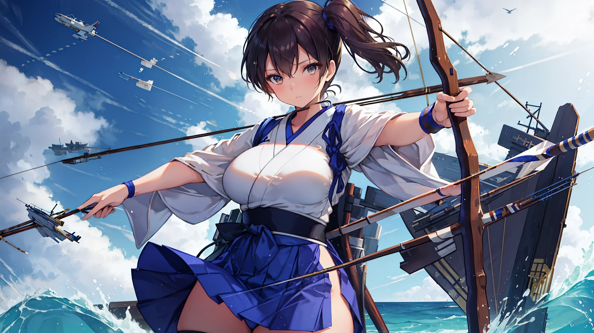 Kaga(Fleet Collection),highest quality, masterpiece, High resolution,kimono,blue skirt,side ponytail,big_breasts,solo,Japanese_bow&arrow,dynamic_posing,half_eyes,solo,plump, sea_landscape