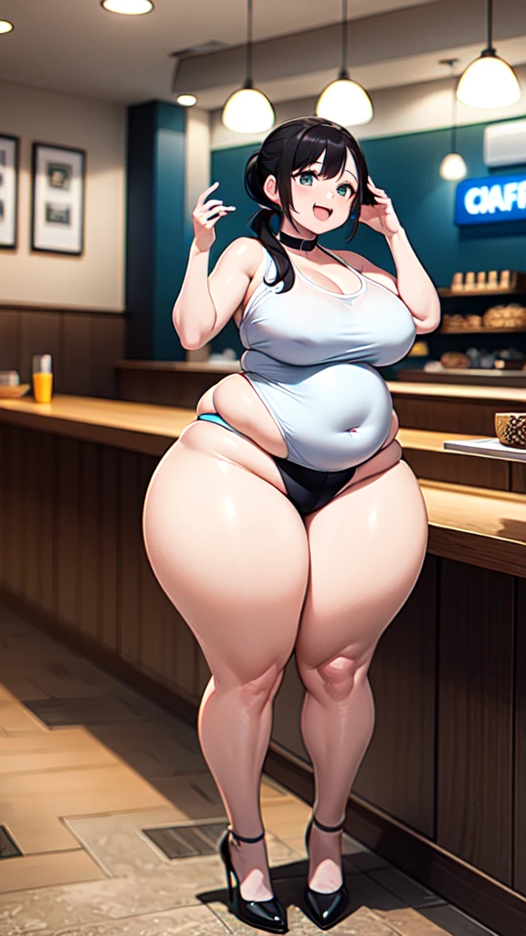 Girl, black hair, older sister, tie her hair in a ponytail and laugh at the speaker, high-quality picture, masterpiece, beautiful girl, cafe,tall women, wide hips, chubby woman