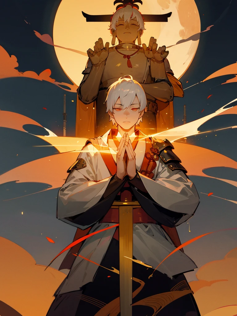 Buddha,Burning Eyes, horn, white short hair, black armor, torii, man, full moon, hands together in prayer, Zen meditation golden Japanese sword 