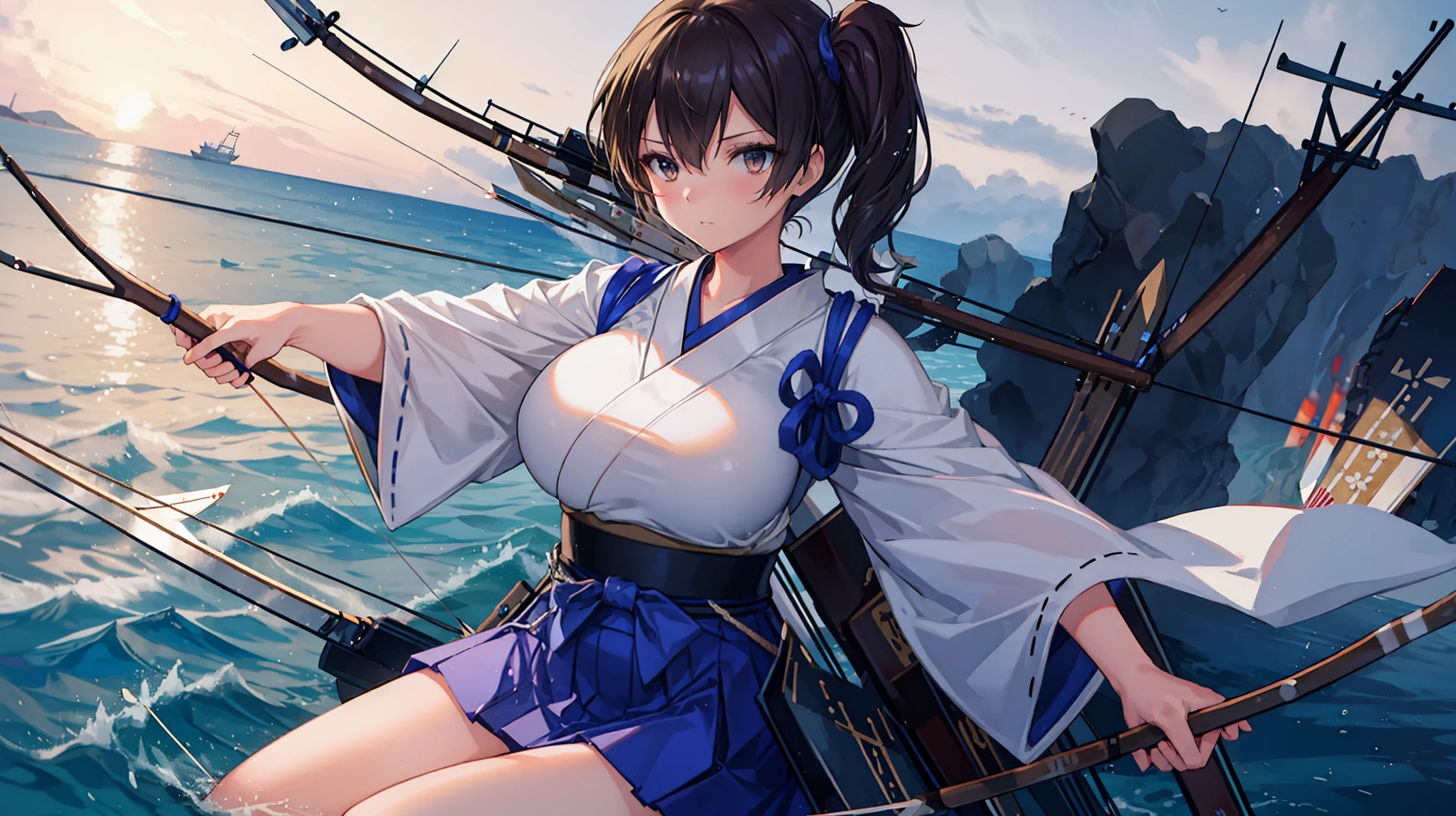 Kaga(Fleet Collection),highest quality, masterpiece, High resolution,kimono,blue skirt,side ponytail,big_breasts,solo,Japanese_bow&arrow,dynamic_posing,half_eyes,solo,plump, sea_landscape