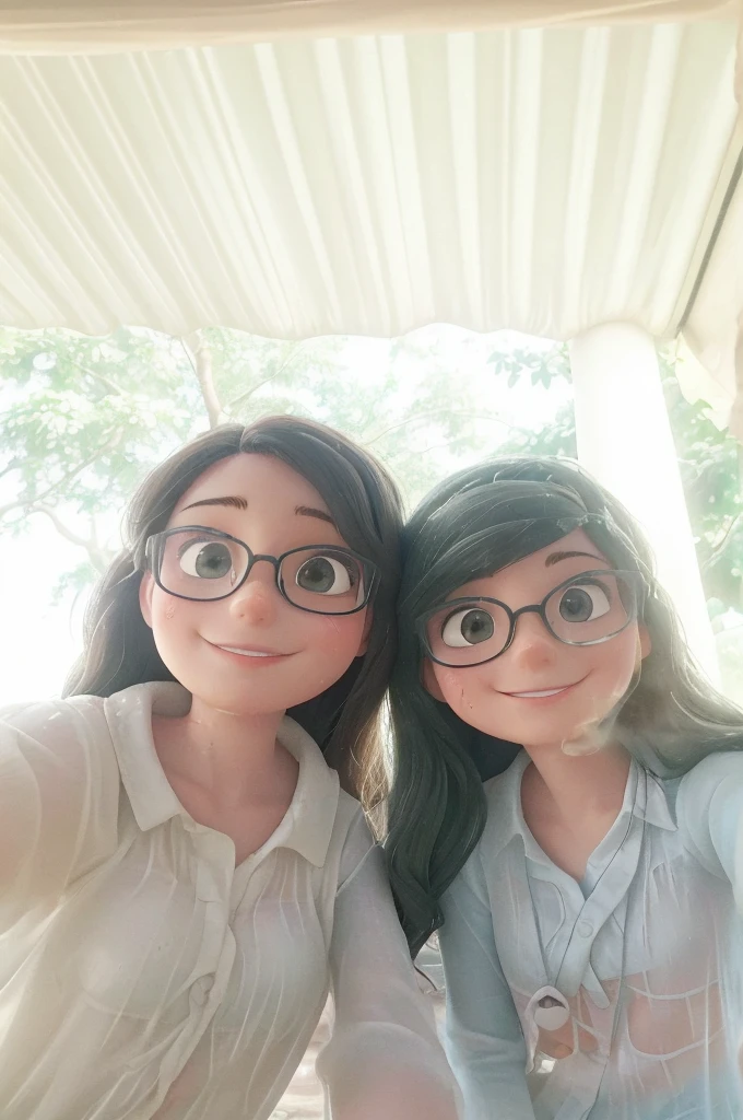 two women are posing for a picture while wearing glasses, with ivy, a picture, scandy and arender, pov photo, with wet faces!!, selfie photo, not blurry, low quality photo, blurry image, selfie, non blurry, with wart, low quality photograph, vacation photo, with her long, roomies, very very low quality picture, distorted photo