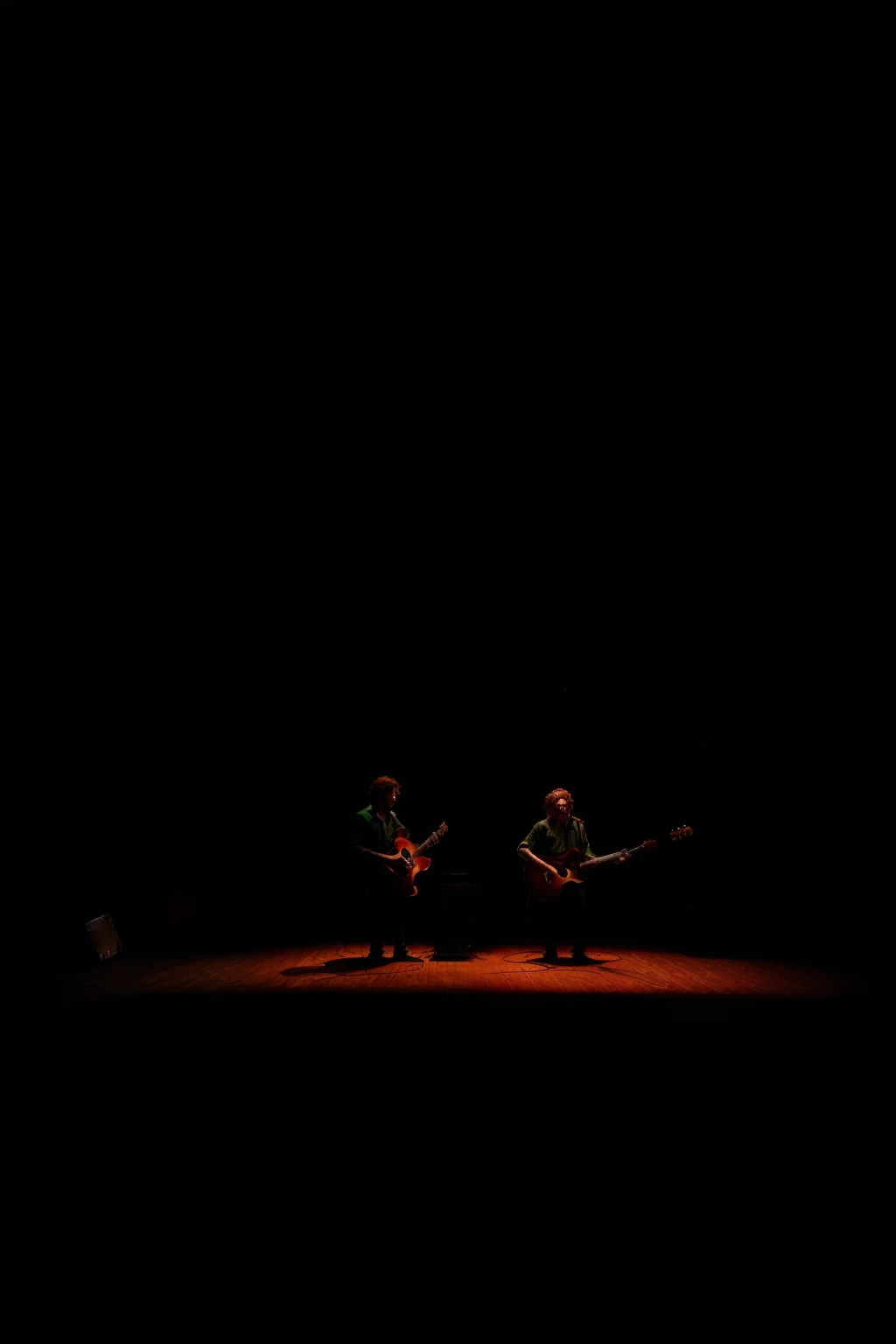 In a dimly lit underground concert hall, two seasoned musicians stand center stage, their guitars intertwined by the roots of rock and roll. The air is thick with anticipation and the scent of aging wood from well-played instruments. The lead guitarist, a man with a scarred face and fiery red hair, strums with passion, his fingers dancing along the fretboard with ease. His bandmate, a woman with dark curls and intense green eyes, plays in perfect harmony, her fingers gliding across the strings as if they were an extension of her soul.

Their guitars, worn and weathered, echo with every strum, the sound bouncing off the concrete