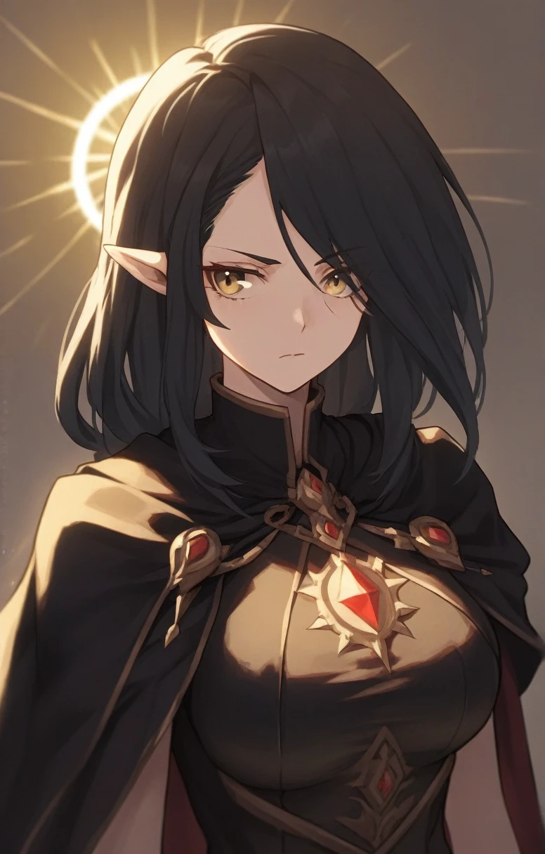 half elf, mature woman, dnd, adventurer, black cloak, elegant, long black hair, flat chest , sun light, bust shot