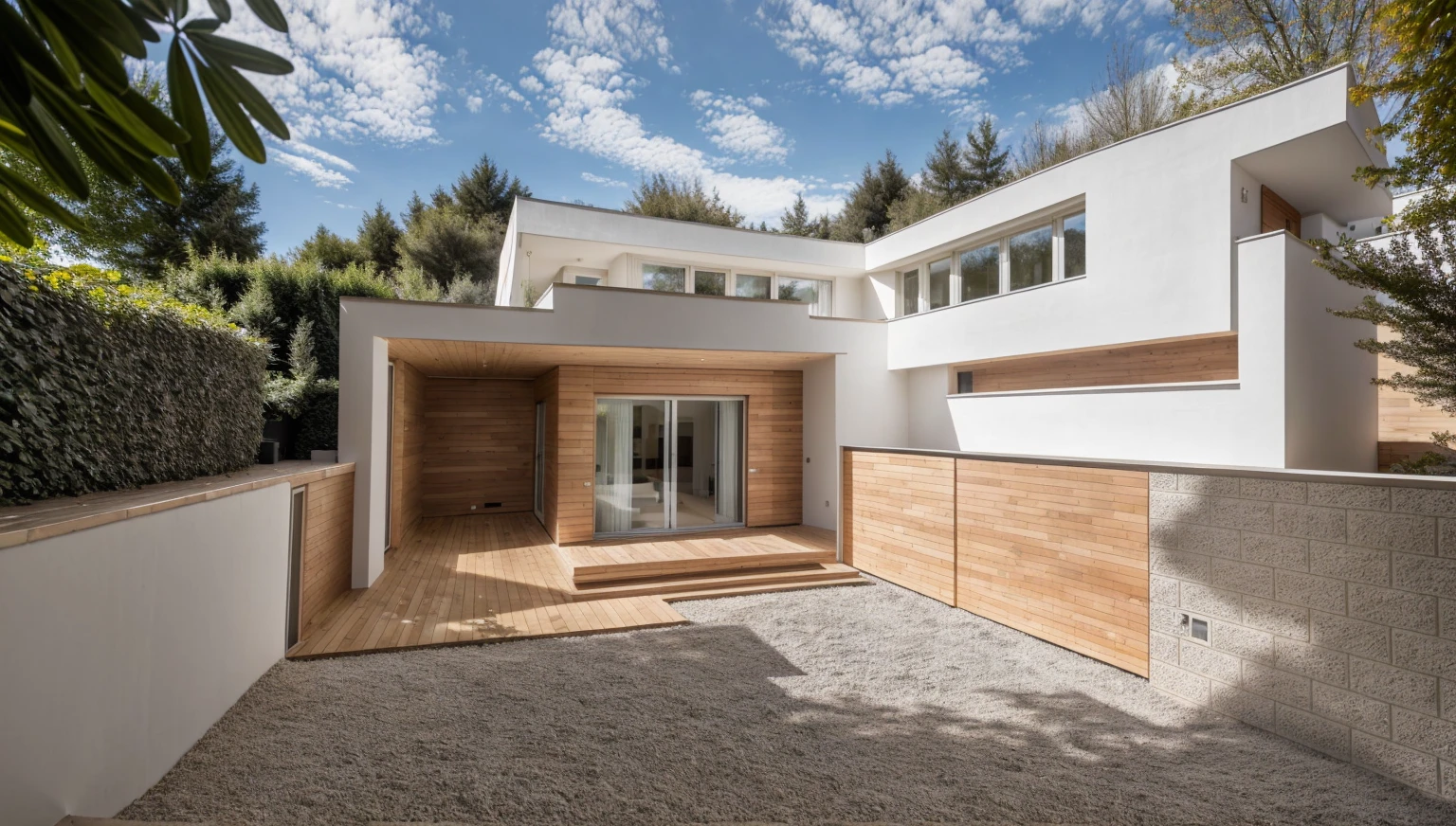 1 villa moderne avec, matériau principal de la villa concernant le mur blanc et le revêtement en bois, matériau principal par mur blanc et bois, 1grande cour, 1 route passe devant la maison,  (photo brute, Réel, Meilleure qualité, chef-d&#39;œuvre:1.2), avoir l&#39;air moderne et minimaliste, 1 route devant la maison, Éclairage dynamique:1.3, (hyper Réelistic, photo-Réelistic:1.2), haute qualité, (éclairage sombre:1.2), éclairage parfait, archquotidiennement, pas d&#39;humain