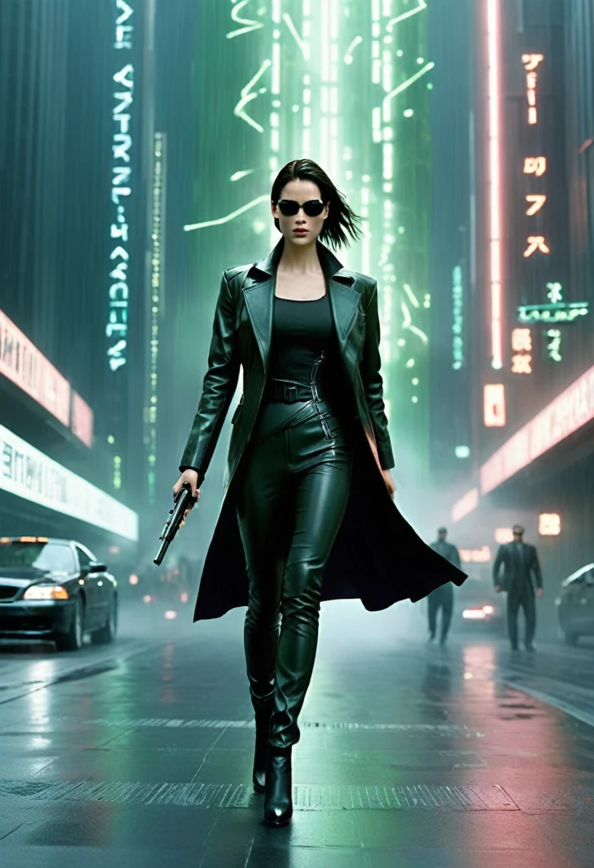 Prompt: “The Matrix” Inspired Video

Create a dynamic and visually stunning video inspired by the iconic film “The Matrix.” The video should capture the essence of the movie’s cyberpunk aesthetic, featuring:

	1.	Green Code Rain: Incorporate the signature falling green code, symbolizing the digital nature of the Matrix.
	2.	Urban Dystopia: Show a futuristic, dystopian cityscape with towering skyscrapers, neon lights, and dark, gritty streets.
	3.	Action Sequences: Include fast-paced action scenes with martial arts, slow-motion bullet dodging, and intense combat, reminiscent of the film’s choreography.
	4.	Characters: Feature characters styled like Neo, Trinity, and Morpheus, wearing black leather outfits and sunglasses.
	5.	Virtual Reality: Highlight the concept of a simulated reality, with glitches, digital distortions, and surreal transitions between the real world and the Matrix.
	6.	Philosophical Elements: Integrate thought-provoking quotes and imagery that reflect the film’s themes of reality, control, and freedom.
	7.	Soundtrack: Use a suspenseful and adrenaline-pumping soundtrack that matches the intensity and atmosphere of the visuals.

The overall tone should be mysterious, thrilling, and thought-provoking, staying true to the spirit of “The Matrix.”

Let me know if you need any adjustments or additional details!
