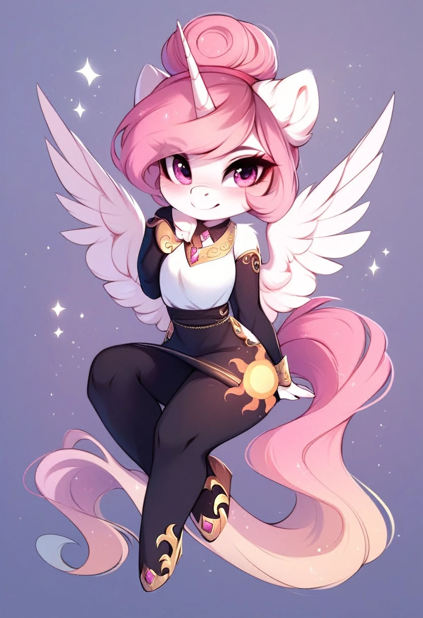 check_9, check_8_up, check_7_up, source_fluffy, rating_safe, from Magnaluna, Celestia poses seductively in a white bedroom, hair bun with bangs, pink eyes, white body, anthro, blushing, wearing white and gold tight skirt, full body