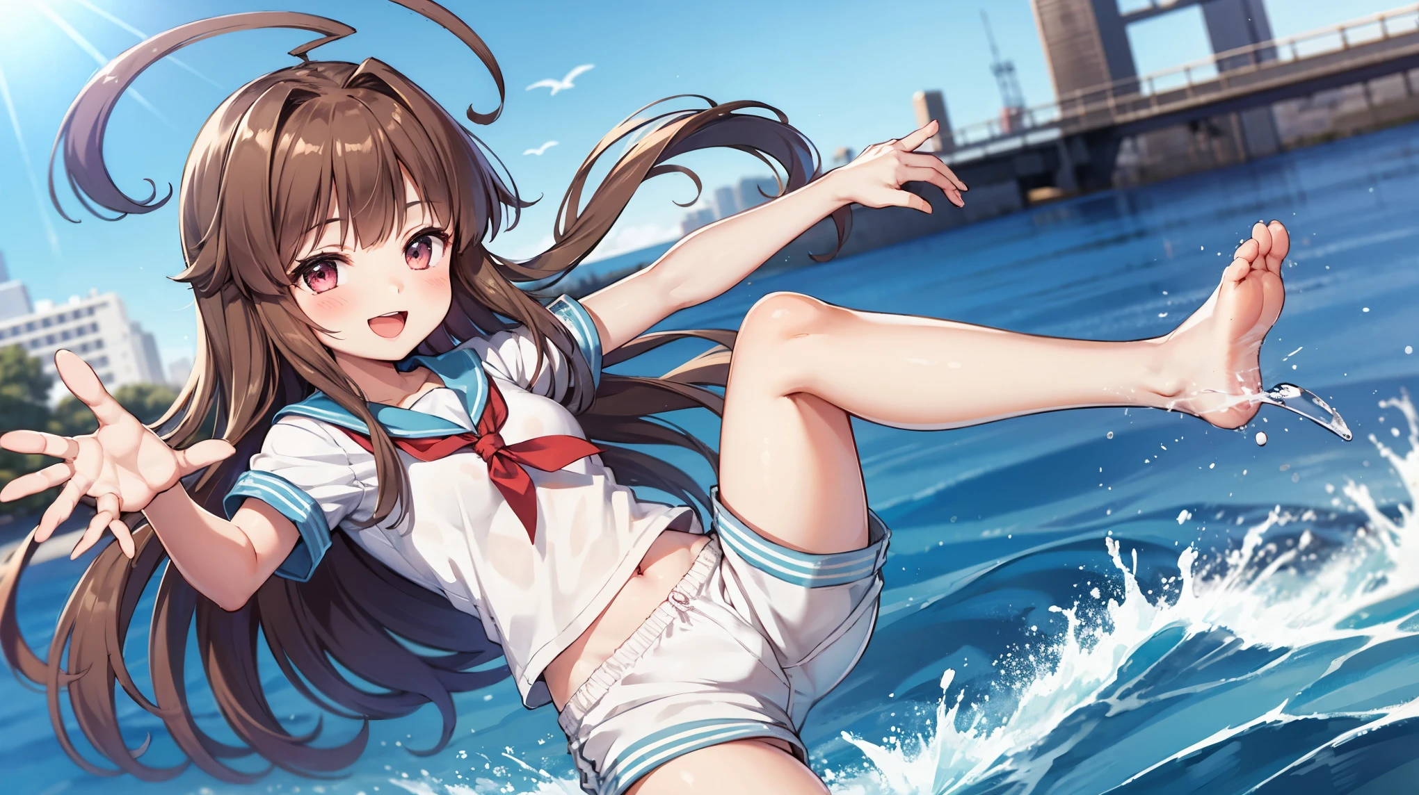 ung_teeirl, brown_hair, long_hair, sailor_uniform,white_ baggy_shorts, short_sleeve, thighs, small_breasts, big_smile, open_mouth, standing, harbor_background, slightly_spread_legs, happiness, covered_crotch,ahoge,XD,exciting,dynamic_posing,solo