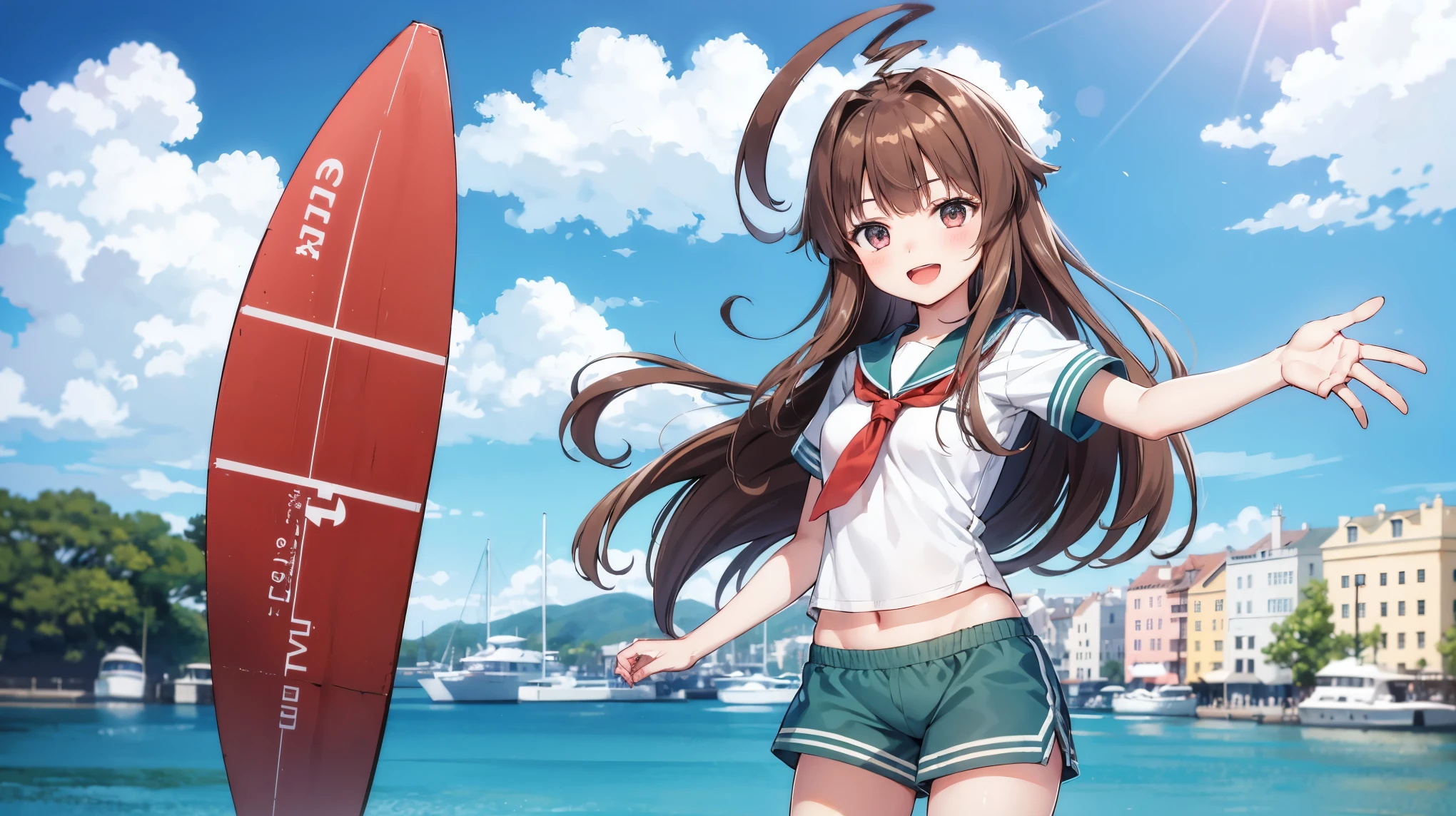 1young_teen_ girl,  brown_hair, long_hair, sailor_uniform,white_ baggy_shorts, short_sleeve, thighs, small_breasts, big_smile, open_mouth, standing, harbor_background, slightly_spread_legs, happiness, covered_crotch,ahoge,XD,exciting,dynamic_posing,solo