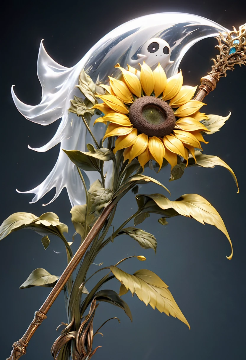masterpiece, 8k, best quality, highly detailed, a staff made to look like a ghostly sunflower