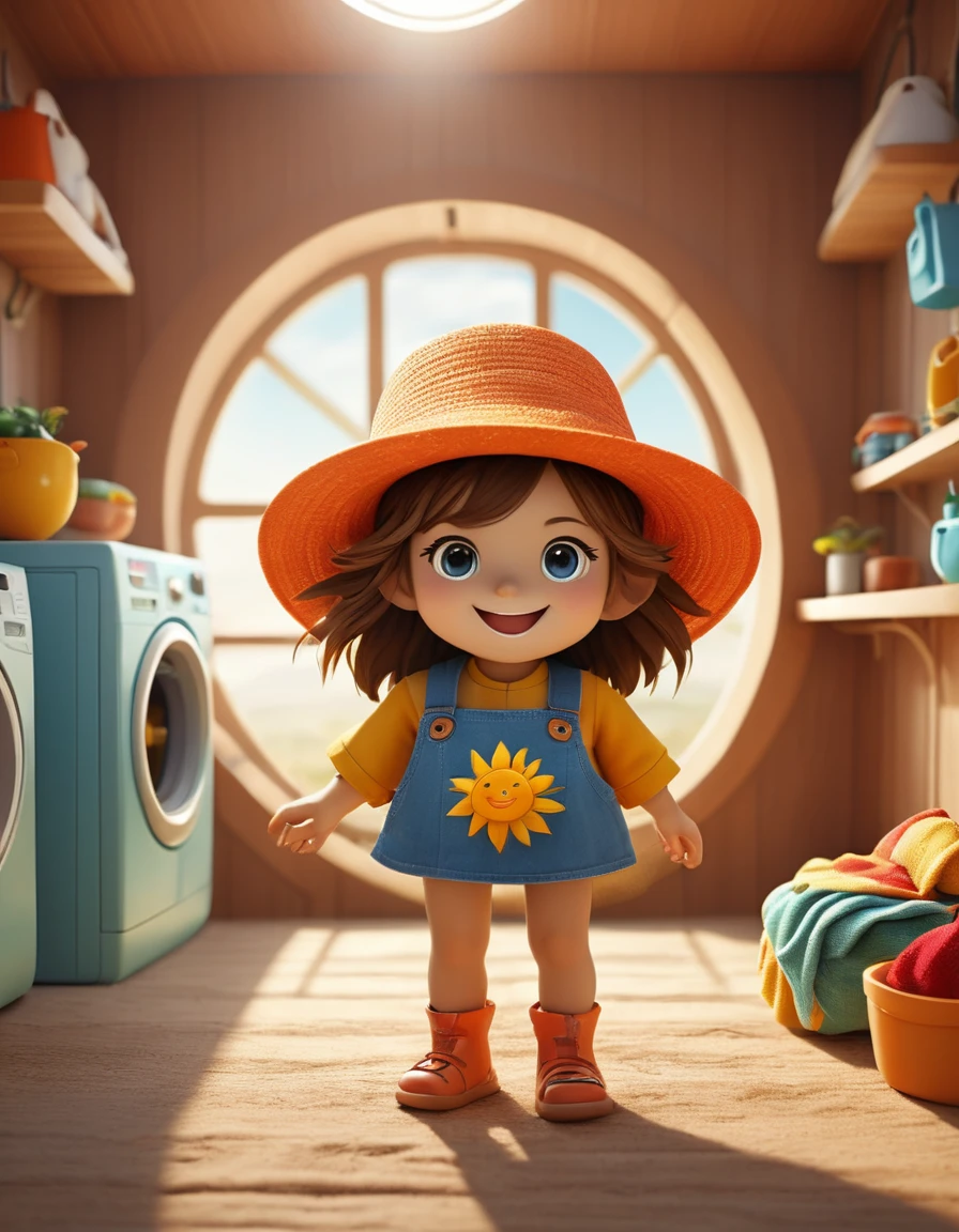 (design of character),Cute sun washing clothes with enthusiasm and joy while standing in front of a washing machine, anthropomorphic sun,wear a sun hat, Mattresses are chickens, smiling, big shiny eyes, Fantastic,Eccentric,similar to a fairy tale, super detailing, pixel style, vibrant with colors, soft natural light, solid color backdrop, 5-octane rendering, a gorgeous, Ultra Wide Angle, 8k, high realism, 8k